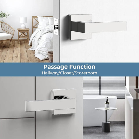 Six Piece Polished Chrome Door Handles Set For Interior Doors in modern hallway and closet setting