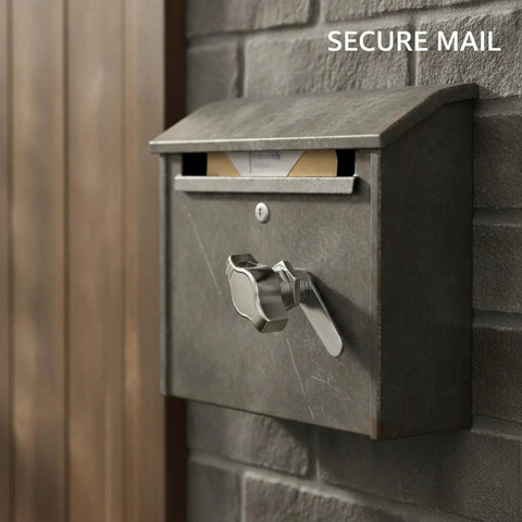 Zinc Alloy Cam Lock For Cabinet Doors And Drawers installed on a secure metal mailbox on a brick wall, durable silver hardware