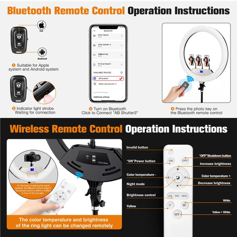 Instructions for Big 22 Inch Ring Light With Stand And 75 Inch Tripod For iPhone iPad LCD Display operation and remote control.