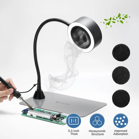 Portable Soldering Fume Extractor With LED Lights 400mm Memory Stainless Steel Gooseneck Magnetic Cone Base in use