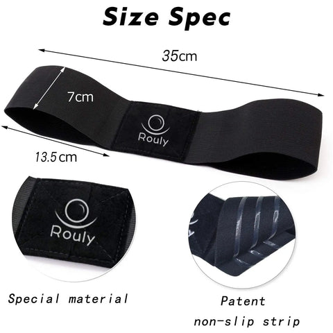 Black Golf Swing Trainer Arm Band size specifications showing 35cm length and 7cm width, designed for one-piece takeaway sync.