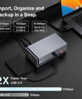 Heavy Duty 20 In 1 Thunderbolt 4 MacBook Docking Station With Quad 6K Video Output 96W Power Delivery And Rock Solid 2.5 GbE Ethernet For Smooth Multitasking Zero Fuss Guaranteed connected to a laptop with cables.