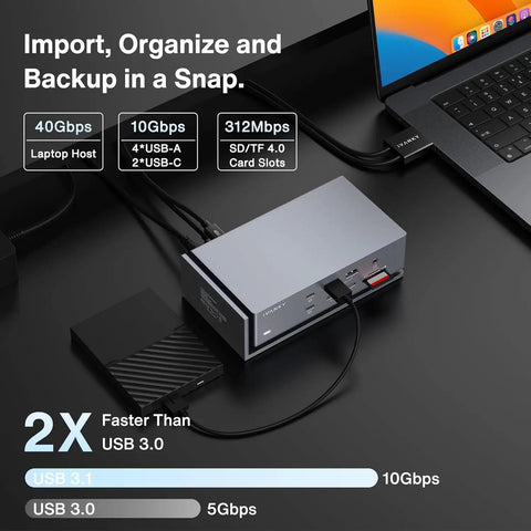 Heavy Duty 20 In 1 Thunderbolt 4 MacBook Docking Station With Quad 6K Video Output 96W Power Delivery And Rock Solid 2.5 GbE Ethernet For Smooth Multitasking Zero Fuss Guaranteed connected to a laptop with cables.