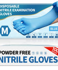 Powder-free blue nitrile exam gloves, medium, 4.5 mil, latex-free, food-safe, 100 pcs; two boxes shown.