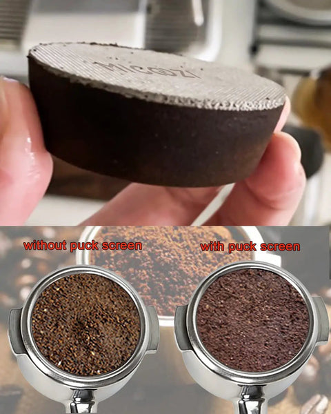 Comparison showing 53.5mm Espresso Puck Screen Reusable 1.7mm Thick 100 Micron Stainless Steel Filter Mesh Plate on espresso grounds.