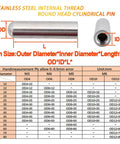 304 Stainless Steel Internal Thread Dowel Pin With Female Thread For Alignment And Connection, size chart visible.