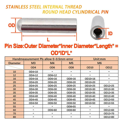 304 Stainless Steel Internal Thread Dowel Pin With Female Thread For Alignment And Connection, size chart visible.