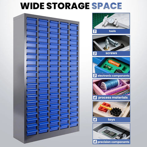 100 Drawer Nut and Bolt Organizer with Alloy Steel Frame and ABS Drawers, 26 Inch by 9 Inch by 46 Inch, for organized storage