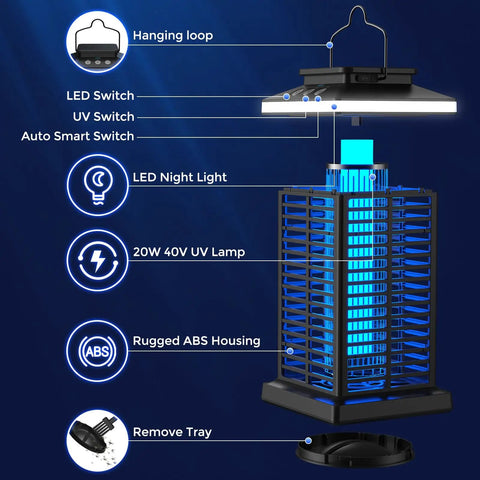 2 In 1 Bug Zapper With LED Night Light No Fuss Outdoor Mosquito Killer Portable Rechargeable 5000mAh Battery 4000V Electric Fly Zapper