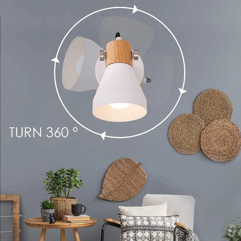 Wooden Plug In Wall Sconce Set Of 2 Matte White Chic Rotatable 360 Degree Wall Lamps With On Off Cord Switch mounted on wall