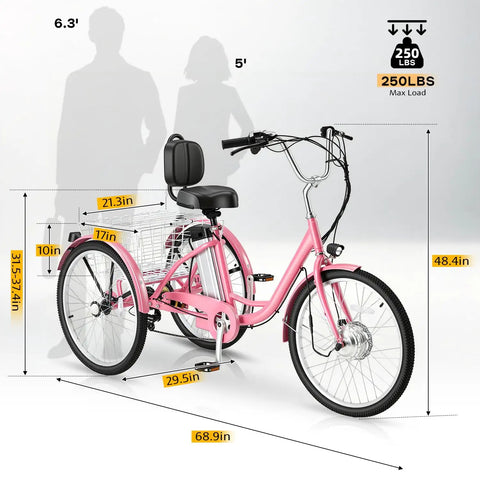 Powerful 500W Brushless Electric Trike For Adults With Smooth Acceleration, Peak 500W And Sustained 350W Motor, Top Speed 15.5 MPH, Sweet For City Cruising, Light Trails, Easy Hills, Comfortable Daily Commute. Pink adult electric trike with basket, 250 lb max load, 68.9 in long