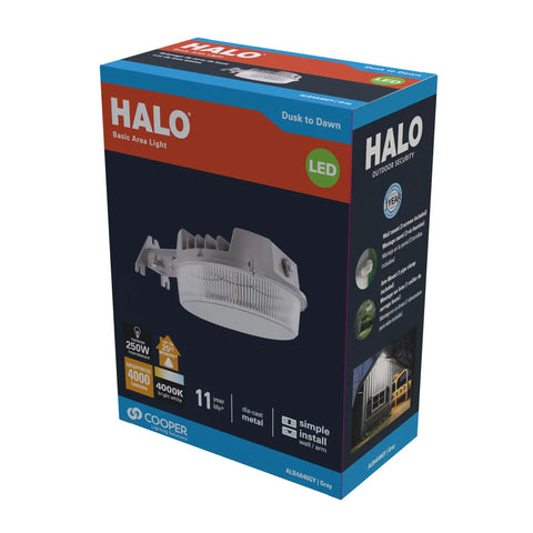 Box of Outdoor Dusk-To-Dawn LED Security Area Light with 4000 Lumens, wall or pole mount, textured gray, shown in packaging
