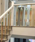 Heavy Duty Aluminum Stair Spindles With Smooth Colored Glass Panels Floor Mounted Deck And Porch Railings Set Of 10 37 Inch Tall with golden accents and textured glass.