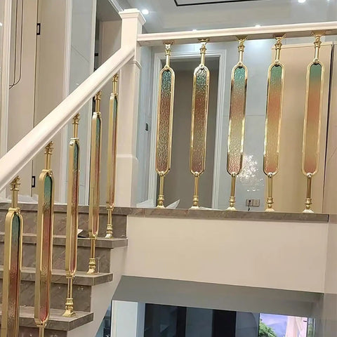 Heavy Duty Aluminum Stair Spindles With Smooth Colored Glass Panels Floor Mounted Deck And Porch Railings Set Of 10 37 Inch Tall with golden accents and textured glass.