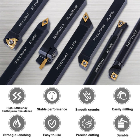 All In One Pro Grade Indexable Lathe Tool Kit 21Pcs Set with 7 Tool Holders, 14 Carbide Inserts for Metalwork. Image shows assortment.
