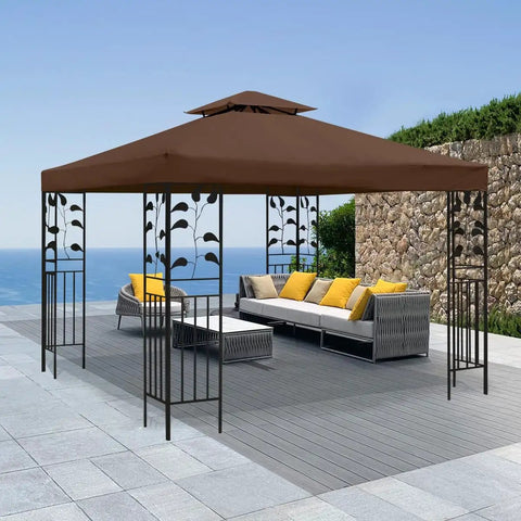 10x10 Foot Canopy Replacement For Outdoor Hangout Shelter Coffee Color With Double Tier Top installed on patio
