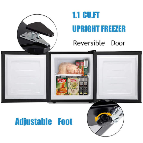 Straight Up Chilling 1.1 Cubic Foot Upright Mini Freezer With Reversible Single Door And Dial In Temp Settings Featuring Sturdy Removable Rack In Sleek Stainless Look, showcasing adjustable foot and interior storage.