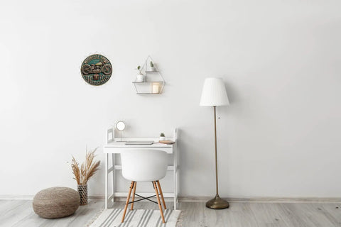 Sick Motorcycle Garage Metal Sign Round Industrial Plaque For Workshop Wall Decor greets a modern desk setup in a bright room.