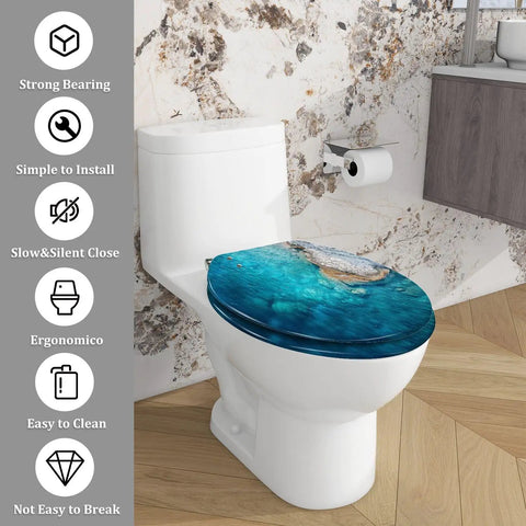 Toilet Seat Cover Elongated Quiet Close for Bathroom with ocean design, fits most American toilets, easy to install.
