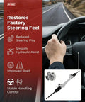 Driving interior view with hand on steering wheel and Ford Power Steering Rack And Pinion Assembly Direct OE Replacement image overlay.