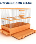 Wooden bird cage with metal bars, sliding tray and drawer, labeled 'Suitable for Cage', designed for pet birds.