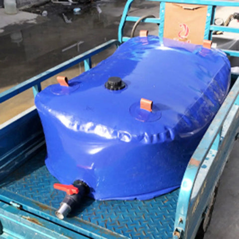 Foldable Soft PVC Water Storage Bag With Spout, Rainwater Tank in a truck for Camping Farm RV Trunk, blue refillable bladder.