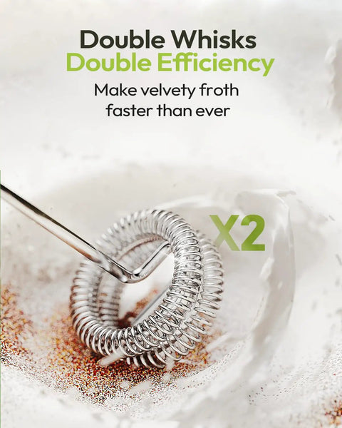 Double whisk feature of LunaFro Handheld Milk Frother With Stand, Rechargeable, Waterproof Stainless Steel Whisk in use