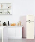 Retro Apartment Refrigerator With Top Freezer And Ten Cubic Feet Of Solid Chill Storage Featuring Heavy Duty Spill Proof Shelves And Classic Chrome Trimmings For Your Straight Fire Home Setup in modern kitchen.
