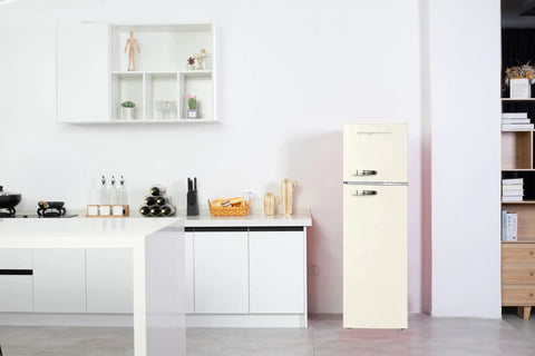 Retro Apartment Refrigerator With Top Freezer And Ten Cubic Feet Of Solid Chill Storage Featuring Heavy Duty Spill Proof Shelves And Classic Chrome Trimmings For Your Straight Fire Home Setup in modern kitchen.