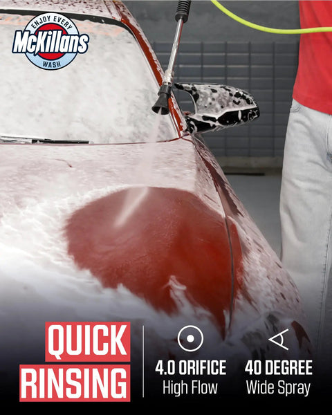 Car being rinsed with 40 Degree Pressure Washer Nozzle With Stainless Steel Internals And Rubberized Guard For Scratch Free Rinsing