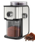 Ayhiro Stainless Steel Flat Burr Coffee Grinder With 14 Precision Settings for Espresso French Press And Drip Coffee Makes 2-12 Cups Electric Bean Mill Kitchen Essential with a view of ground coffee.