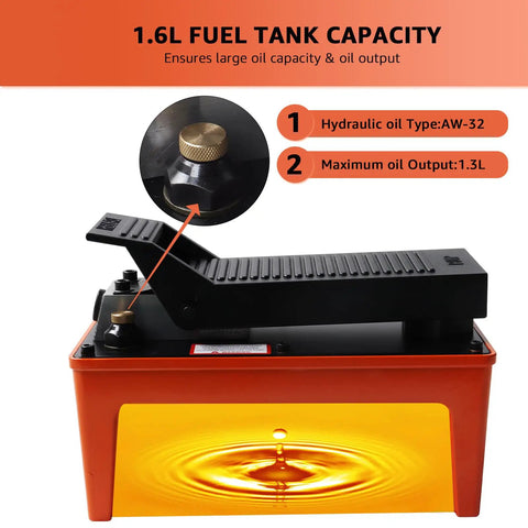Heavy Duty 10,000 PSI Air Hydraulic Pump With Half Gallon Reservoir, Foot Operated, Workhorse Overload Protection With Internal Pressure Relief Valve, Two Stage Release For Quick Or Metered Ram Return, 1.6L tank