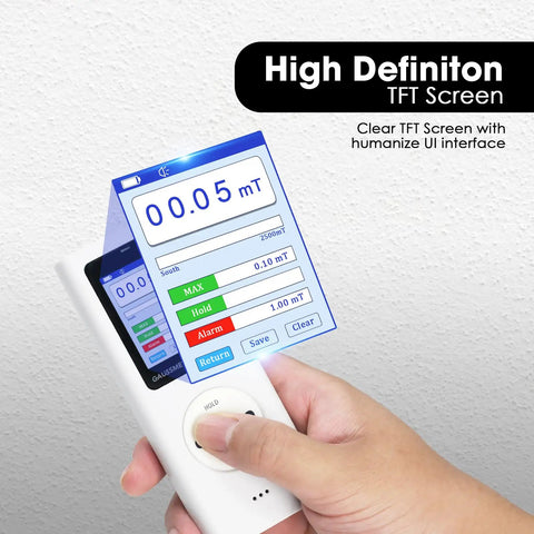 Portable Gauss Meter With Rechargeable Battery 25000 Gauss 2500 MilliTesla Range Magnetometer For Magnetic Field Testing North South Pole Detection Data Logging And Alarm Plus Or Minus Five Percent Accuracy For Factory QC And Workshops, TFT screen