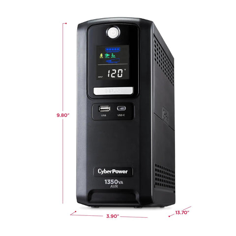 Front view of Line-Interactive UPS Battery Backup And Surge Protector For Your Home Office And Gaming Rig, 1350VA/810W, AVR, LCD Display