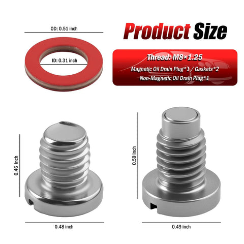 Heavy Duty M8x1.25 Lower Unit Drain Plug Seal Compatible With Yamaha OEM 688-45341 Stainless Steel Prevents Rust And Leaks For Superior Engine Maintenance Reliability, M8x1.25 stainless steel drain plug and seal with dimensions shown
