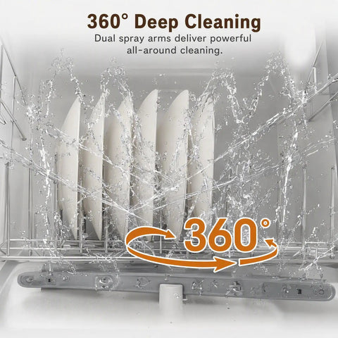 Straight Up Portable Countertop Dishwasher With Built In Reservoir And 360 Degree Rotary Spray For A Killer Clean Cycle At High Temp With Quick Air Dry No Sweat Setup For Tight Apartment Rvs Kitchens showing 360 degree spray action on plates.