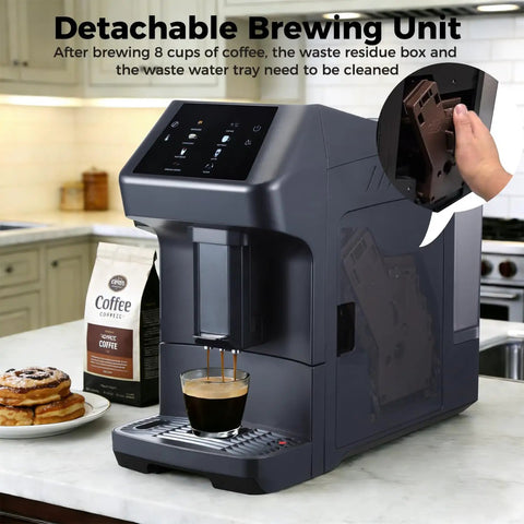 Zero Fuss Automatic Espresso Machine With Built In Grinder, 19 Bar Coffee Maker brewing espresso into a glass cup.