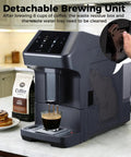 Real Deal Fully Automatic Espresso Machine With Solid Built In Grinder And Touchscreen Controls Quick Clean System brewing coffee.