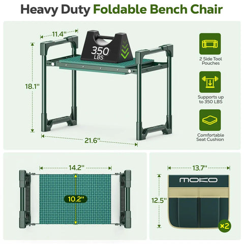 2In1 Garden Kneeler And Seat With Tool Bag, Heavy Duty Folding Stool Supports Up To 350 Lbs, Dark Green, space-saving design