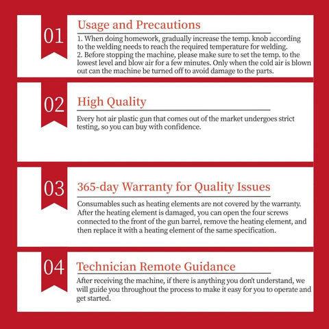 Infographic on Heavy Duty 110V 1600W Hot Air Weld Gun, usage precautions, quality assurance, warranty, and technician guidance.