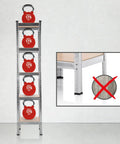 Beefy Heavy Duty Metal Shelving Unit 40x40x180 cm with five 175 kg weights and detail of shelf stability on uneven floors