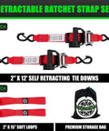 Heavy Duty Self Retracting Ratchet Straps No Sweat One Touch Retraction Quick Release Side Button For Truck Cargo Tie Downs Heavy Load with hooks.