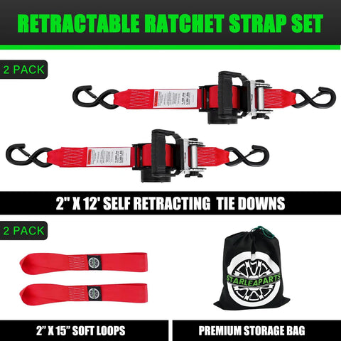 Heavy Duty Self Retracting Ratchet Straps No Sweat One Touch Retraction Quick Release Side Button For Truck Cargo Tie Downs Heavy Load with hooks.