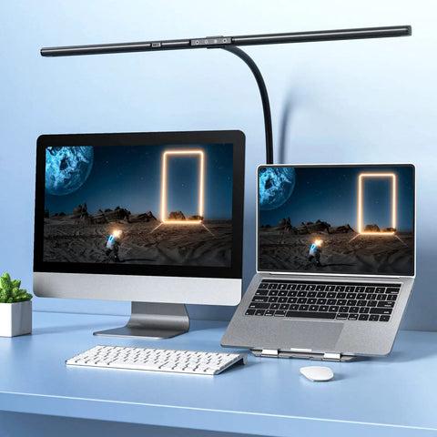 Ultra Bright Thirty One And A Half Inch LED Desk Lamp With Gesture Sensor Eye Caring Light for multi monitor workstation setup