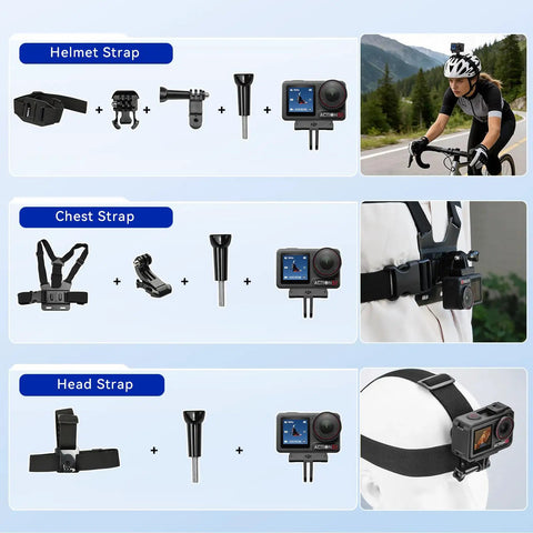 Rock Solid Waterproof Action Camera Bundle Shoots Clean 4K With Large Sensor Extra Batteries High Speed Memory Card And Loaded Mount Kit For Gnarly Adventures And Long Shoots, featuring helmet, chest, and head straps.