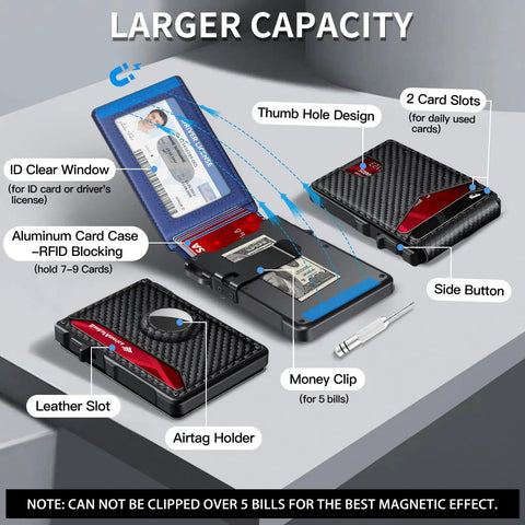 Layout of RFID Blocking Minimalist Bifold Wallet With Pop Up Aluminum Card Holder For 12 Plus Cards And ID Window For Men Carbon Blue Gift For Men AirTag Not Included EDC Ready, showcasing capacity and features like ID window and AirTag holder.