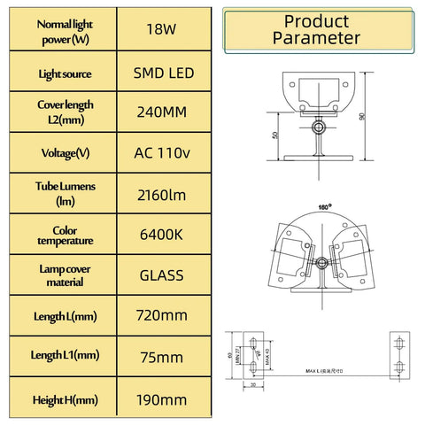 Industrial CNC Machine Tube Light LED 18W Waterproof IP67 Explosion Proof Work Lamp For 110V To 220V Systems 6400K 2160LM diagram