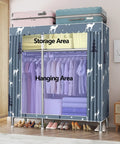 Kickass Portable Canvas Wardrobe Rad Shelves Boss Hanging Rail Storage Organizer Bedroom Dorm Office Tool Free Assembly No Sweat Setup In Minutes 130By45By170Cm showing hanging area and storage area.