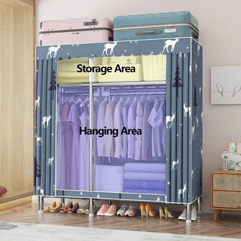 Kickass Portable Canvas Wardrobe Rad Shelves Boss Hanging Rail Storage Organizer Bedroom Dorm Office Tool Free Assembly No Sweat Setup In Minutes 130By45By170Cm showing hanging area and storage area.