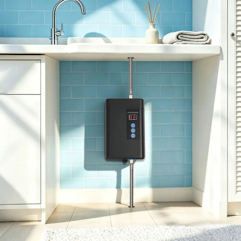 Bulletproof 3000W Tankless Water Heater With LCD Screen mounted under sink, showcasing sleek design and digital temperature display.